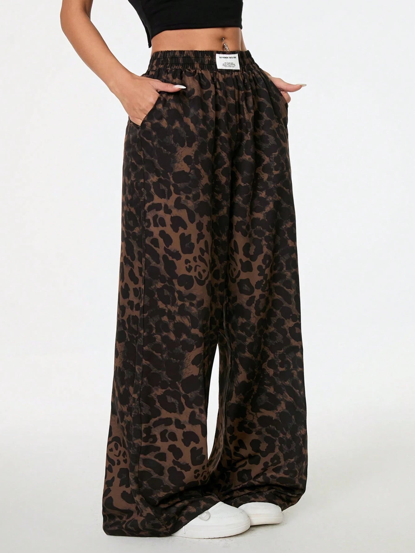 PETITE Women's Leopard Print Woven Waistband Patchwork Wide Leg Street Casual Trousers Cheetah Print Pants,Petite Women Lounge Brown Summer