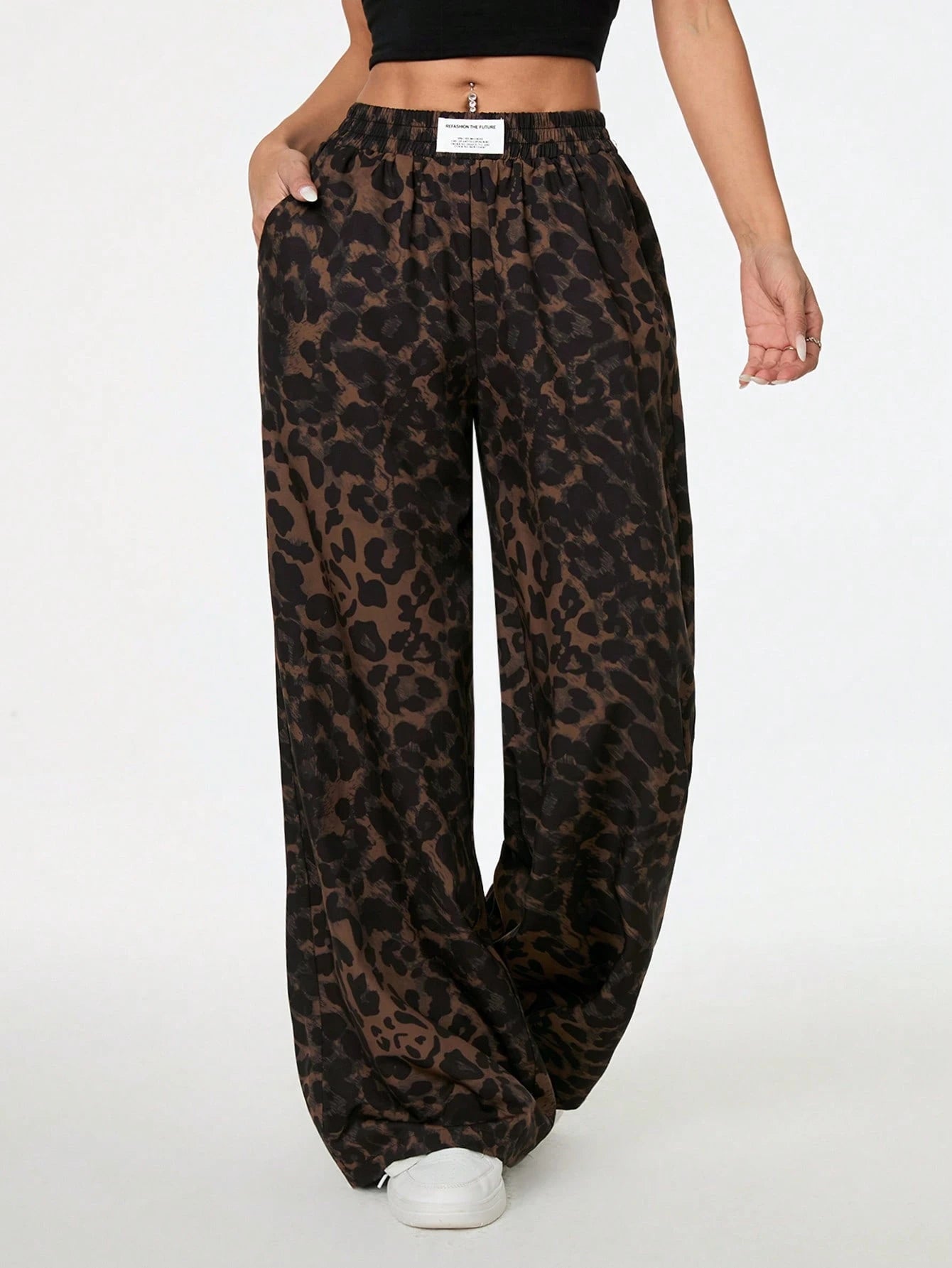 PETITE Women's Leopard Print Woven Waistband Patchwork Wide Leg Street Casual Trousers Cheetah Print Pants,Petite Women Lounge Brown Summer