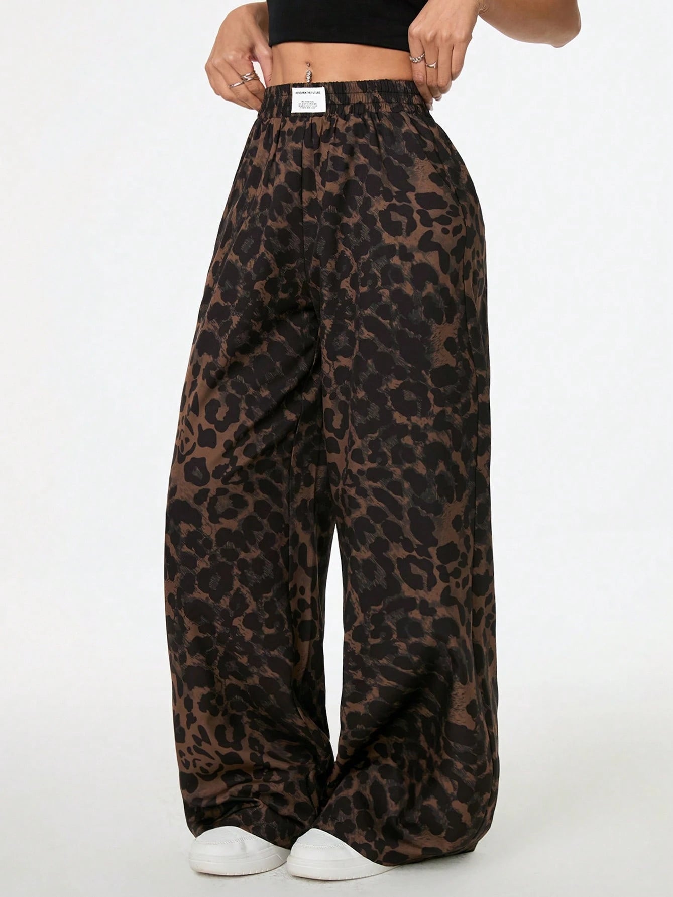 PETITE Women's Leopard Print Woven Waistband Patchwork Wide Leg Street Casual Trousers Cheetah Print Pants,Petite Women Lounge Brown Summer