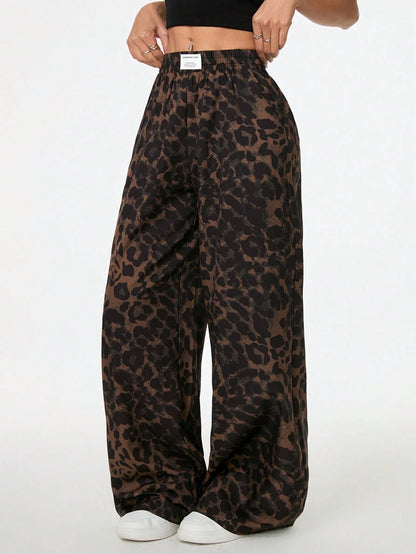 PETITE Women's Leopard Print Woven Waistband Patchwork Wide Leg Street Casual Trousers Cheetah Print Pants,Petite Women Lounge Brown Summer