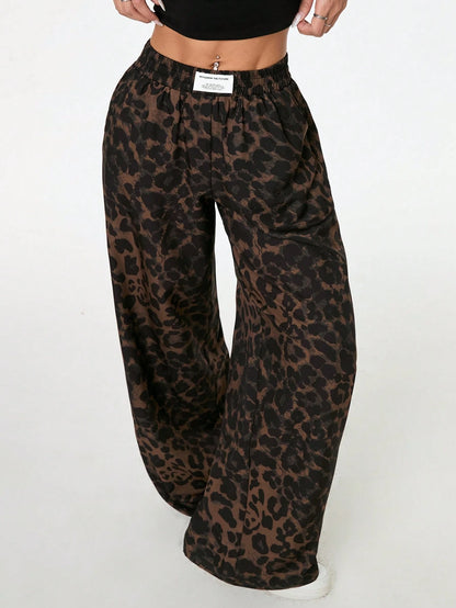 PETITE Women's Leopard Print Woven Waistband Patchwork Wide Leg Street Casual Trousers Cheetah Print Pants,Petite Women Lounge Brown Summer