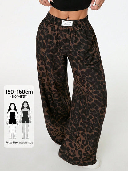 PETITE Women's Leopard Print Woven Waistband Patchwork Wide Leg Street Casual Trousers Cheetah Print Pants,Petite Women Lounge Brown Summer