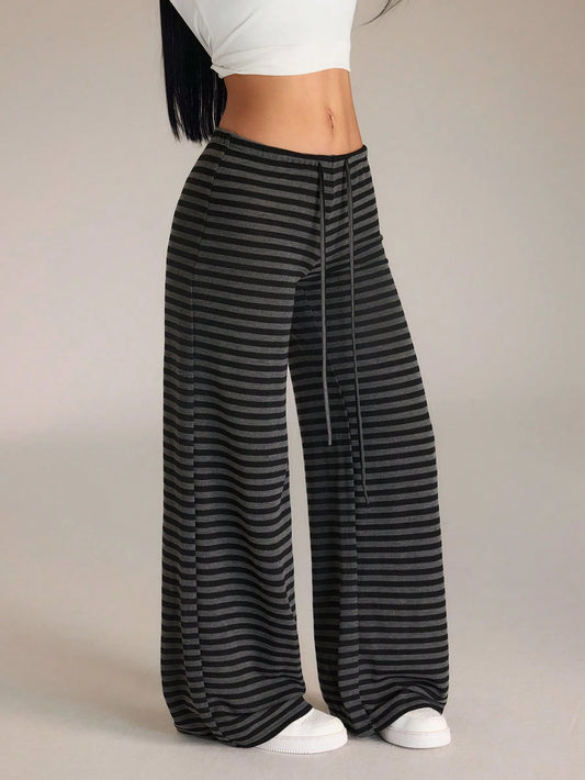 PETITE Women's New Autumn/Winter Ultra Low Waist Black Striped Long Pants,Petite Women