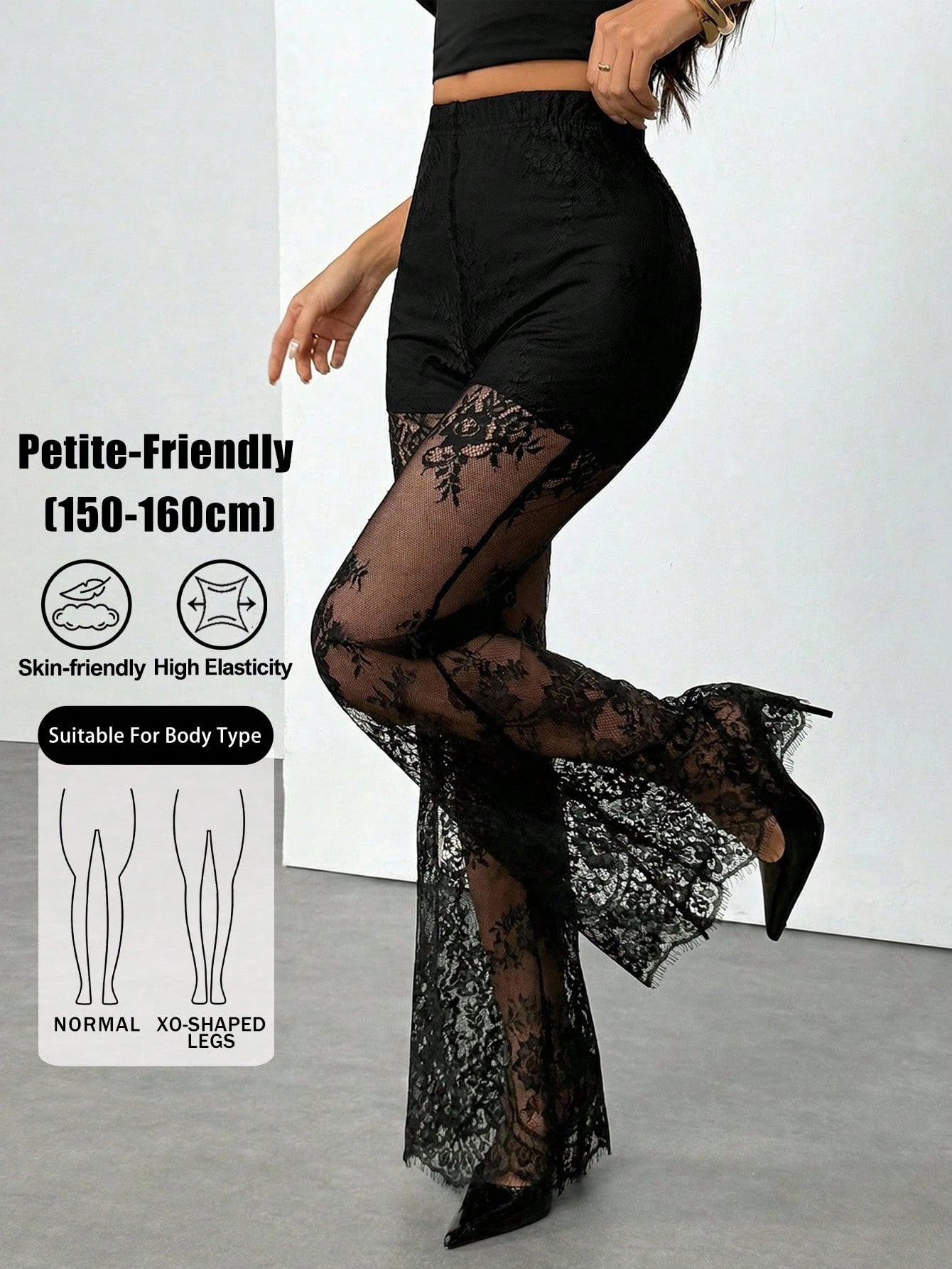 PETITE Women's Sexy Elegant Lace Sheer Flare Pants,Petite Women