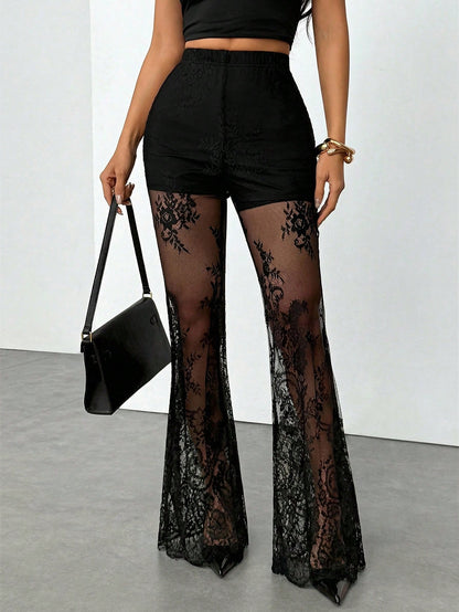PETITE Women's Sexy Elegant Lace Sheer Flare Pants,Petite Women