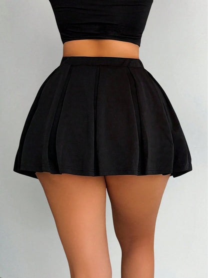 PETITE Women's Solid Color Black Casual Work Out Pleated Back To School Tennis Skirt Campus Wear Mini Short Women,Petite Women