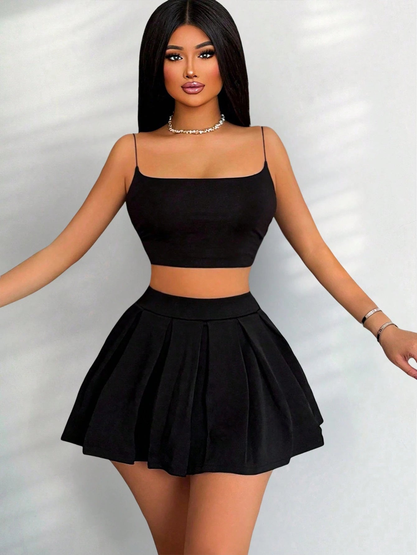 PETITE Women's Solid Color Black Casual Work Out Pleated Back To School Tennis Skirt Campus Wear Mini Short Women,Petite Women