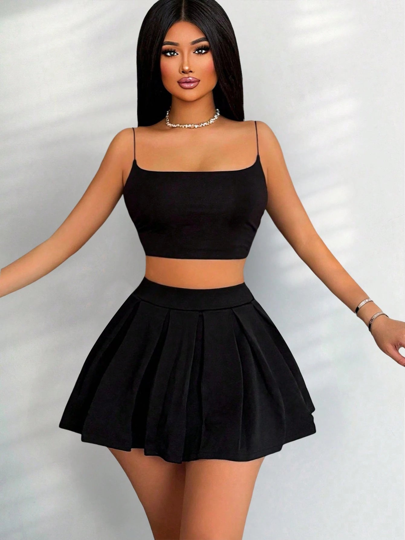 PETITE Women's Solid Color Black Casual Work Out Pleated Back To School Tennis Skirt Campus Wear Mini Short Women,Petite Women