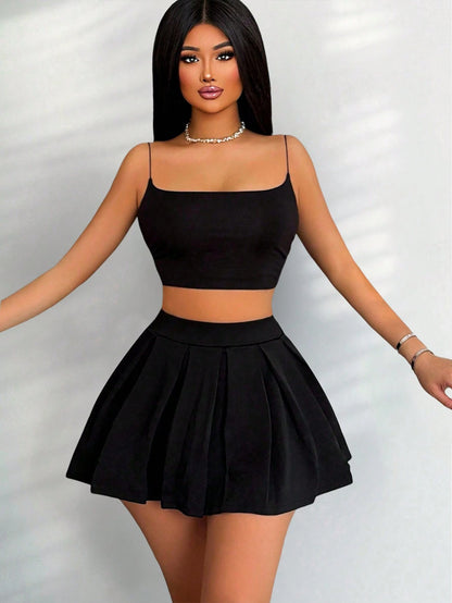 PETITE Women's Solid Color Black Casual Work Out Pleated Back To School Tennis Skirt Campus Wear Mini Short Women,Petite Women