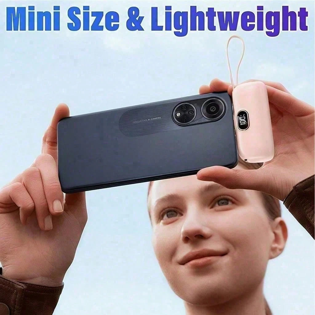 Pink 5000mAh Travel Portable Charger With Lightning Connector, Short USB-C Cable And 22.5W Fast Charging, Featuring An LED Power Screen, Smooth Capsule Shape And Attached Lanyard For Grab-And-Go Use