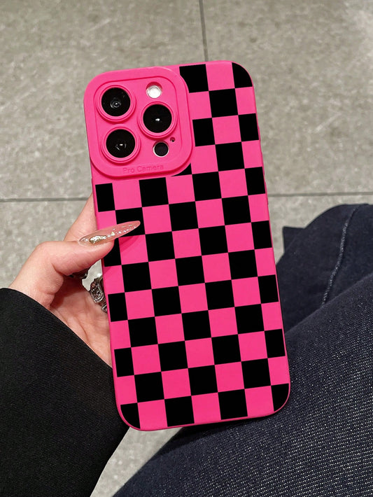 Pink Black Checkered Pattern TPU Fashion Phone Case Y2K Matte Frosted TPU Phone Case With Camera Protection, Checkered Pink, Compatible With IPhone 16/16 Pro/16 Pro Max/17, 13/14/15, 17 Pro Max, Galax