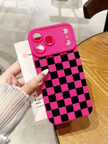 Pink Black Checkered Pattern TPU Fashion Phone Case Y2K Matte Frosted TPU Phone Case With Camera Protection, Checkered Pink, Compatible With IPhone 16/16 Pro/16 Pro Max/17, 13/14/15, 17 Pro Max, Galax