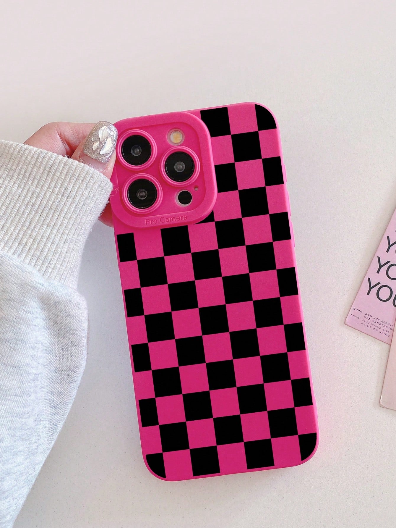 Pink Black Checkered Pattern TPU Fashion Phone Case Y2K Matte Frosted TPU Phone Case With Camera Protection, Checkered Pink, Compatible With IPhone 16/16 Pro/16 Pro Max/17, 13/14/15, 17 Pro Max, Galax
