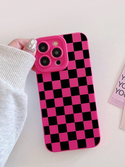 Pink Black Checkered Pattern TPU Fashion Phone Case Y2K Matte Frosted TPU Phone Case With Camera Protection, Checkered Pink, Compatible With IPhone 16/16 Pro/16 Pro Max/17, 13/14/15, 17 Pro Max, Galax