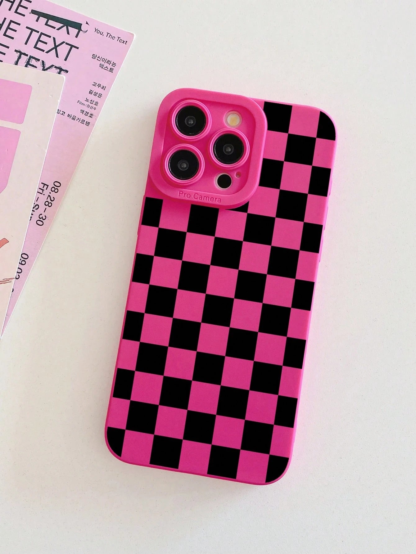 Pink Black Checkered Pattern TPU Fashion Phone Case Y2K Matte Frosted TPU Phone Case With Camera Protection, Checkered Pink, Compatible With IPhone 16/16 Pro/16 Pro Max/17, 13/14/15, 17 Pro Max, Galax