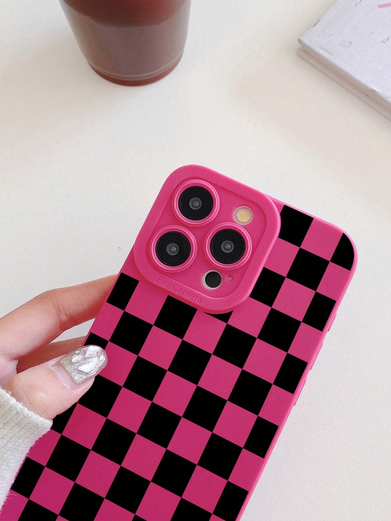 Pink Black Checkered Pattern TPU Fashion Phone Case Y2K Matte Frosted TPU Phone Case With Camera Protection, Checkered Pink, Compatible With IPhone 16/16 Pro/16 Pro Max/17, 13/14/15, 17 Pro Max, Galax