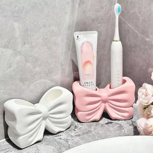 Pink Bow Ceramic Holder- Butterfly Toothbrush Holder, Makeup Brush Organizer And Decorative Storage- Pink Bow Bathroom Decor And Vanity, Desk Or Girls Room Accessories
