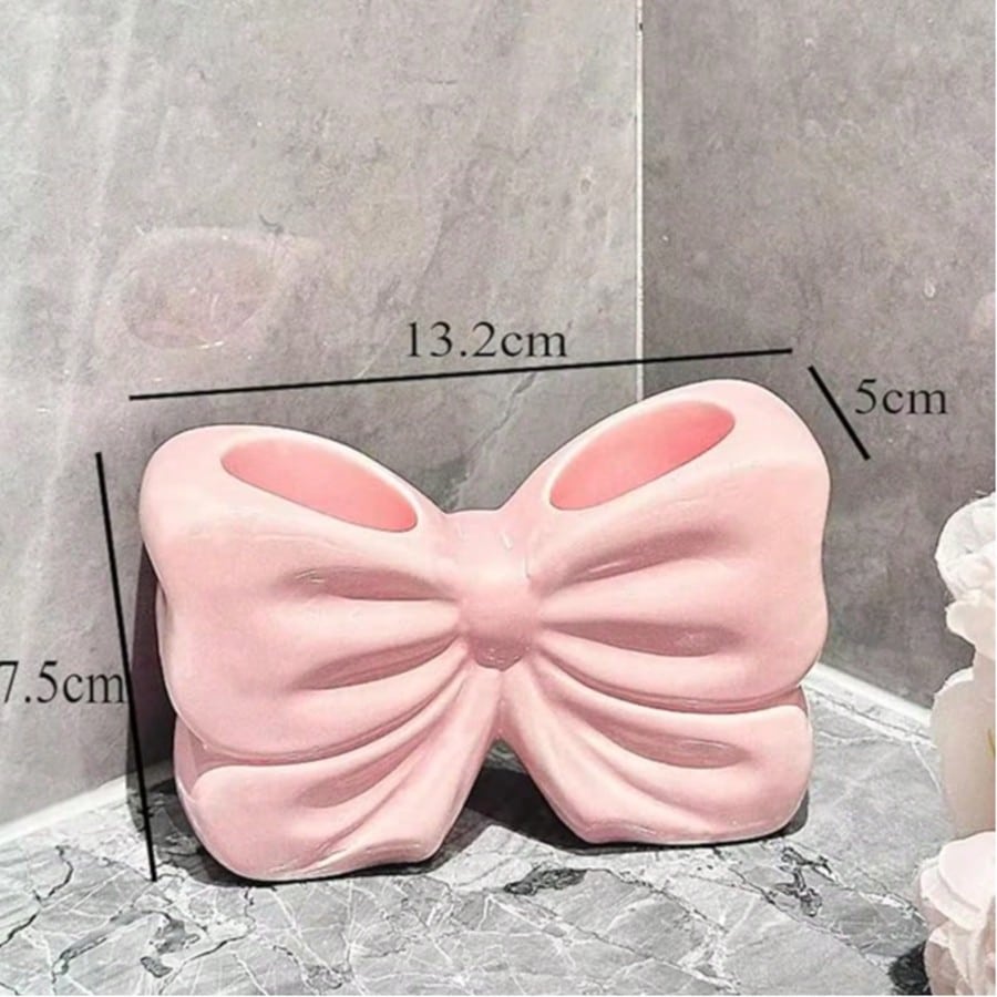 Pink Bow Ceramic Holder- Butterfly Toothbrush Holder, Makeup Brush Organizer And Decorative Storage- Pink Bow Bathroom Decor And Vanity, Desk Or Girls Room Accessories