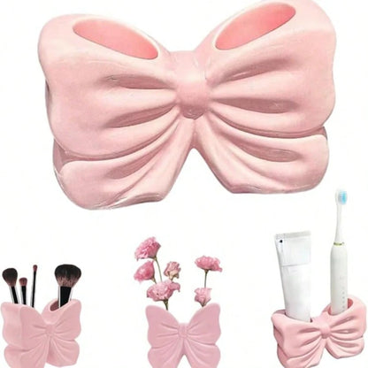 Pink Bow Ceramic Holder- Butterfly Toothbrush Holder, Makeup Brush Organizer And Decorative Storage- Pink Bow Bathroom Decor And Vanity, Desk Or Girls Room Accessories
