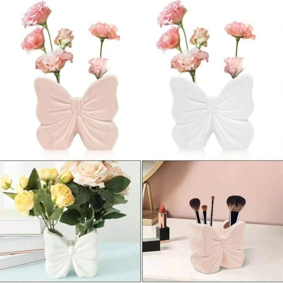 Pink Bow Ceramic Holder- Butterfly Toothbrush Holder, Makeup Brush Organizer And Decorative Storage- Pink Bow Bathroom Decor And Vanity, Desk Or Girls Room Accessories