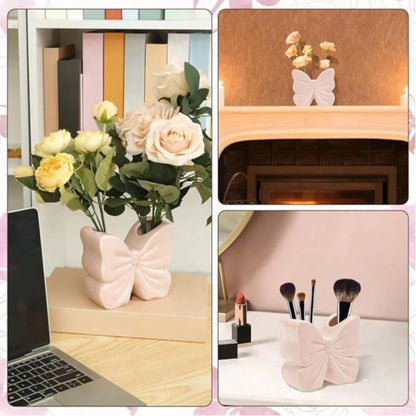 Pink Bow Ceramic Holder- Butterfly Toothbrush Holder, Makeup Brush Organizer And Decorative Storage- Pink Bow Bathroom Decor And Vanity, Desk Or Girls Room Accessories
