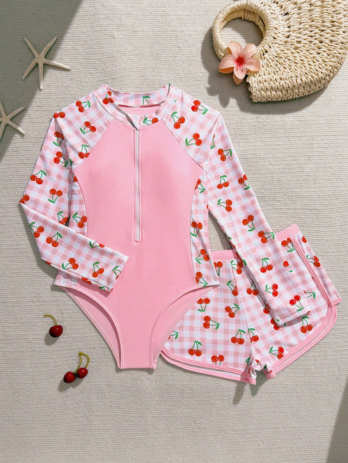 Pink Cute Tween Girls Swimwear Set,Long Sleeve Rash Guard With Matching Trunks,Cherry Plaid Printed 2pcs Bathing Suit For Summer Holiday,Beach,Swim
