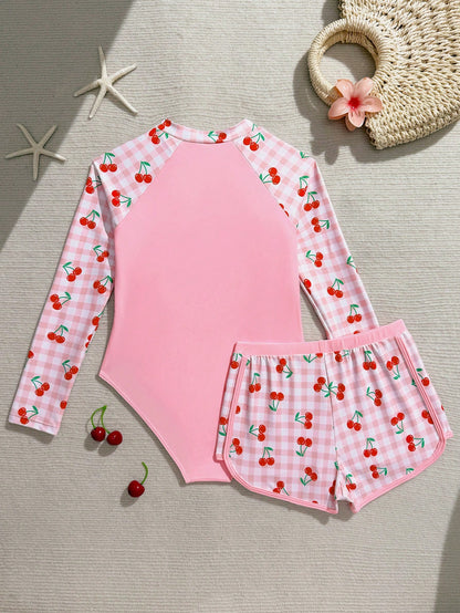 Pink Cute Tween Girls Swimwear Set,Long Sleeve Rash Guard With Matching Trunks,Cherry Plaid Printed 2pcs Bathing Suit For Summer Holiday,Beach,Swim