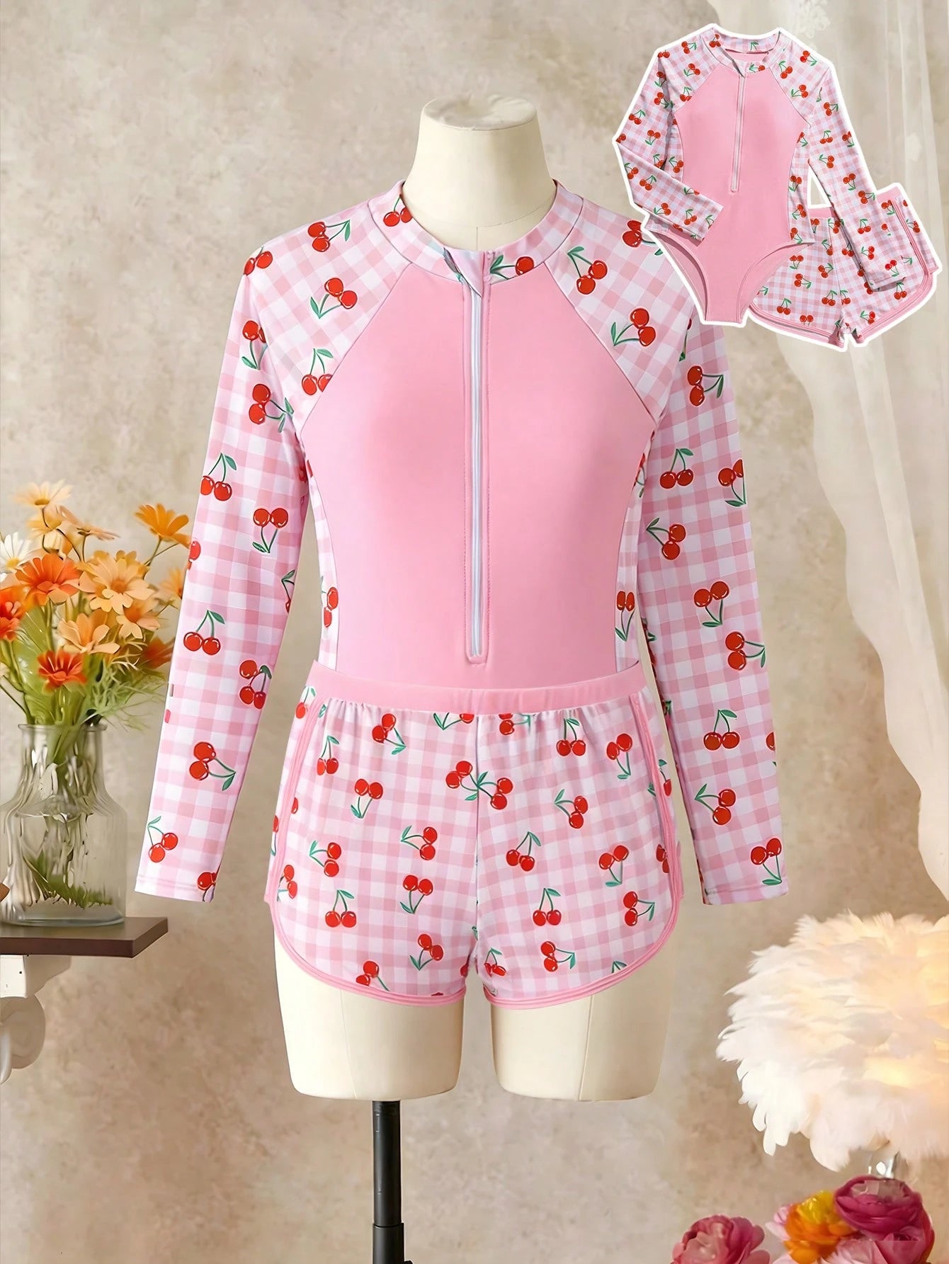 Pink Cute Tween Girls Swimwear Set,Long Sleeve Rash Guard With Matching Trunks,Cherry Plaid Printed 2pcs Bathing Suit For Summer Holiday,Beach,Swim