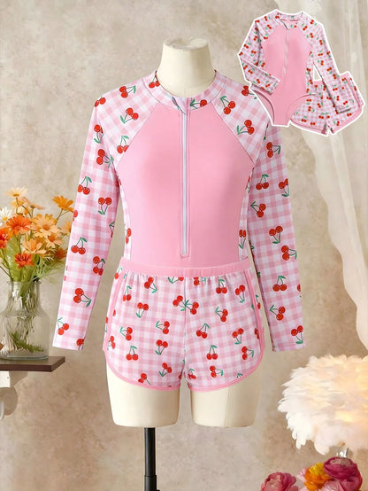 Pink Cute Tween Girls Swimwear Set,Long Sleeve Rash Guard With Matching Trunks,Cherry Plaid Printed 2pcs Bathing Suit For Summer Holiday,Beach,Swim