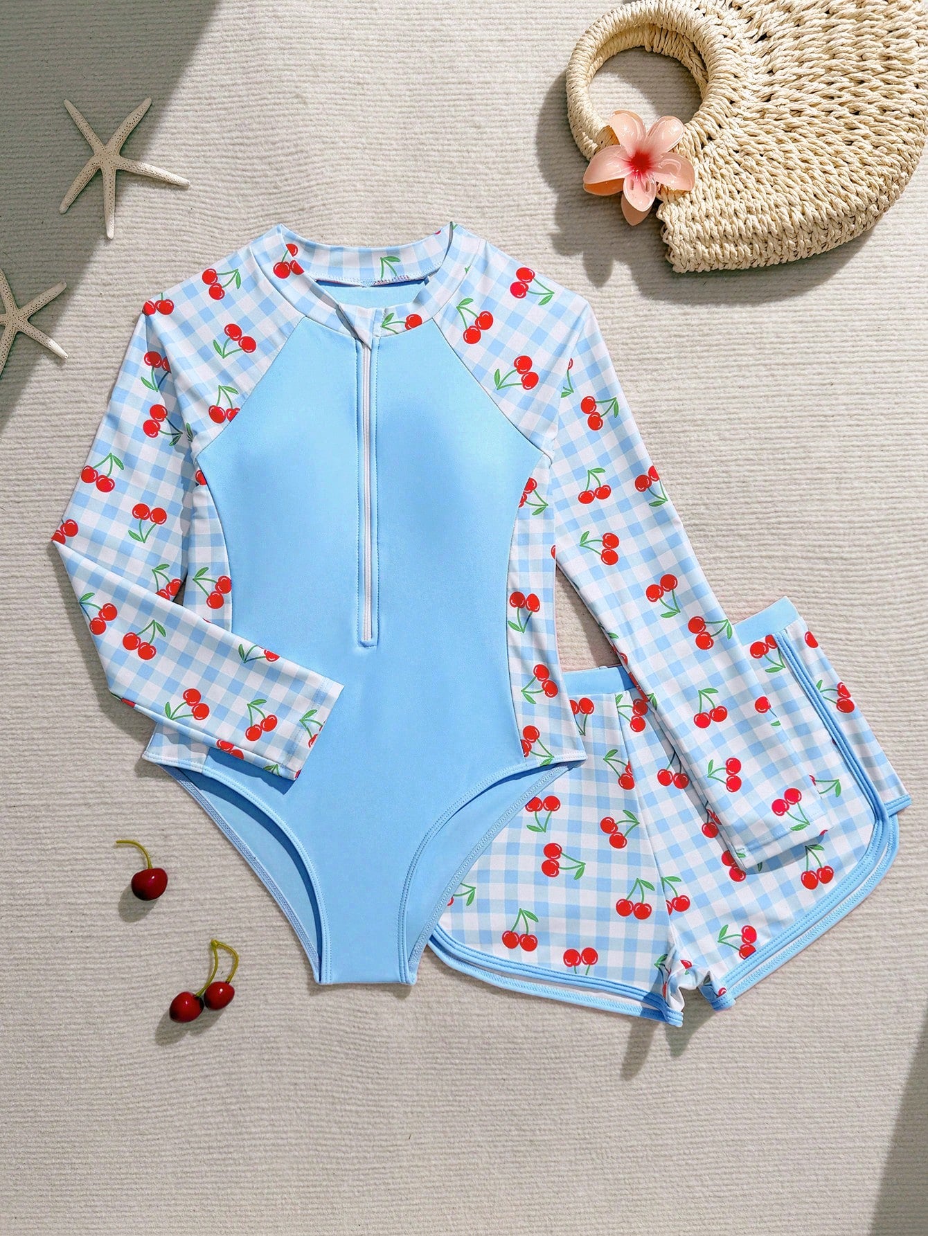 Pink Cute Tween Girls Swimwear Set,Long Sleeve Rash Guard With Matching Trunks,Cherry Plaid Printed 2pcs Bathing Suit For Summer Holiday,Beach,Swim