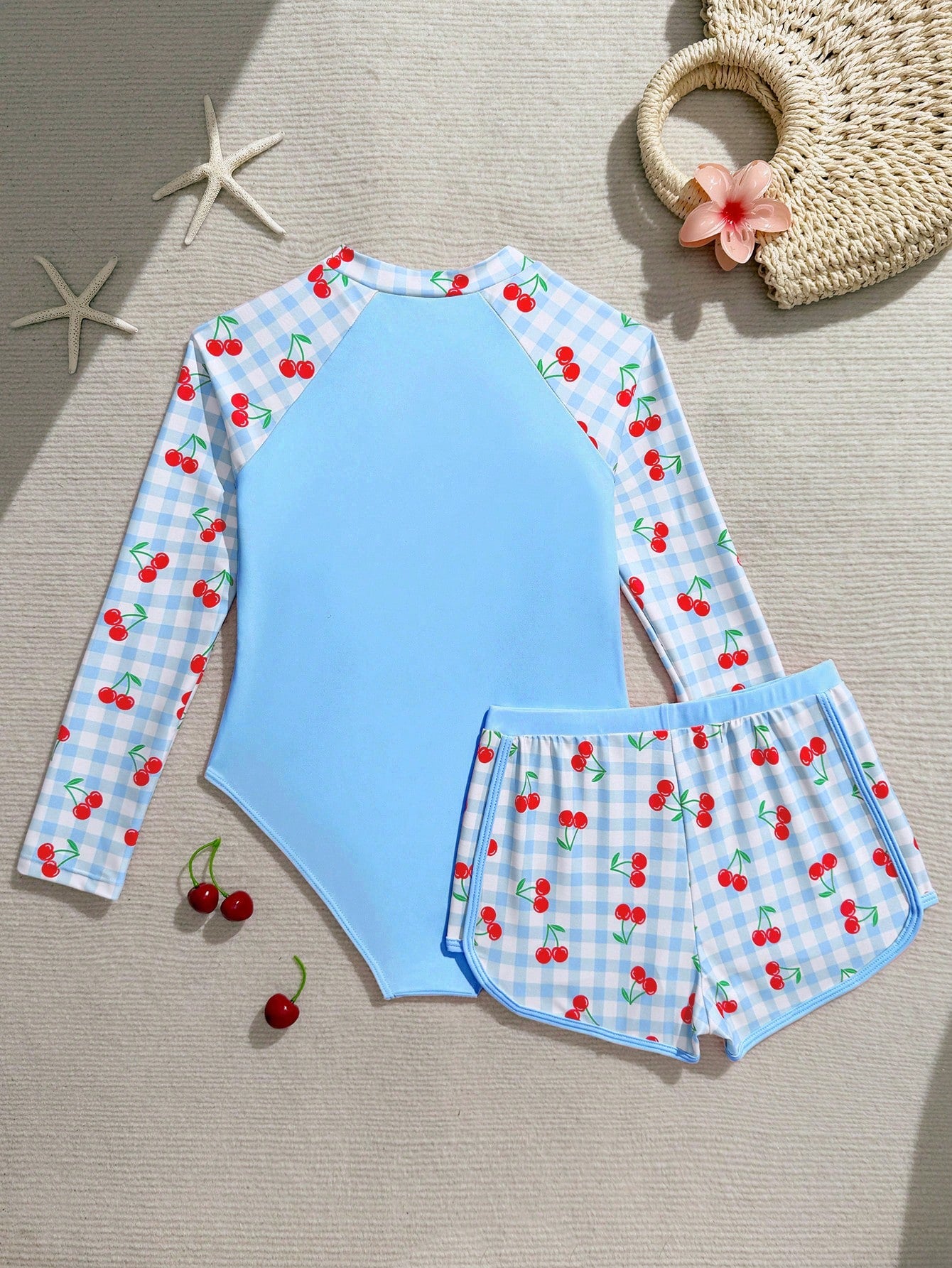 Pink Cute Tween Girls Swimwear Set,Long Sleeve Rash Guard With Matching Trunks,Cherry Plaid Printed 2pcs Bathing Suit For Summer Holiday,Beach,Swim