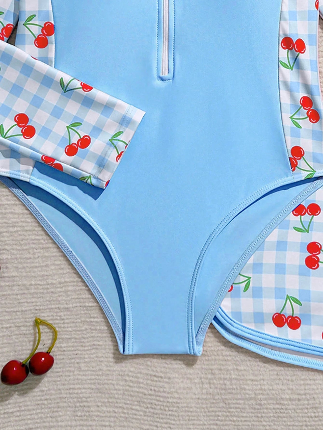 Pink Cute Tween Girls Swimwear Set,Long Sleeve Rash Guard With Matching Trunks,Cherry Plaid Printed 2pcs Bathing Suit For Summer Holiday,Beach,Swim
