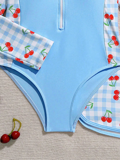 Pink Cute Tween Girls Swimwear Set,Long Sleeve Rash Guard With Matching Trunks,Cherry Plaid Printed 2pcs Bathing Suit For Summer Holiday,Beach,Swim
