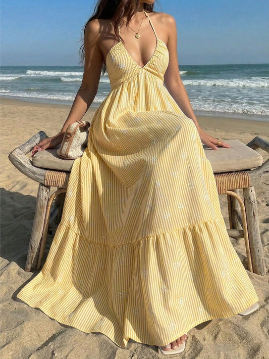 Pink Digital Print Fitted Waist Backless Tie Strap V-Neck Beach Vacation
