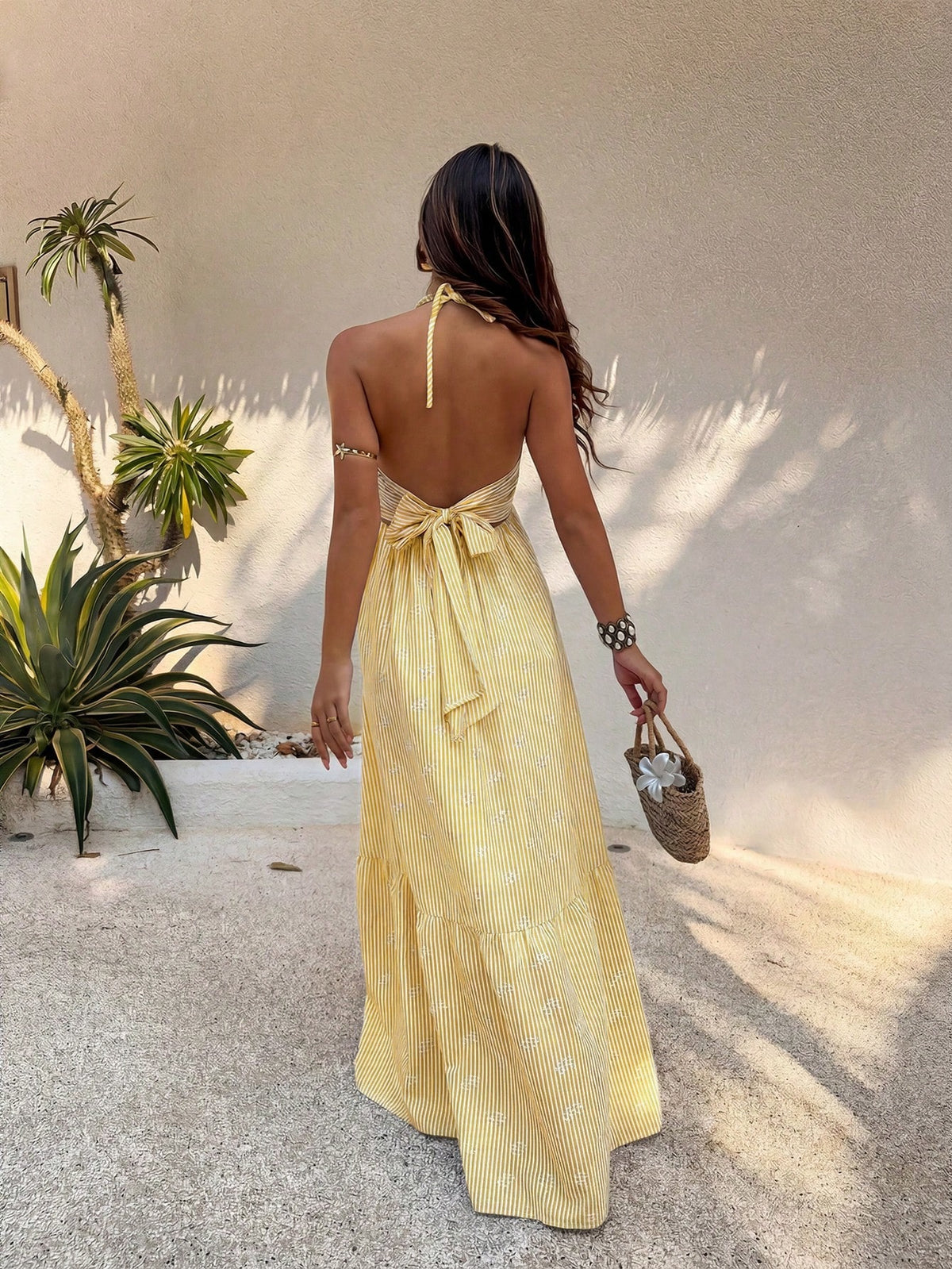 Pink Digital Print Fitted Waist Backless Tie Strap V-Neck Beach Vacation