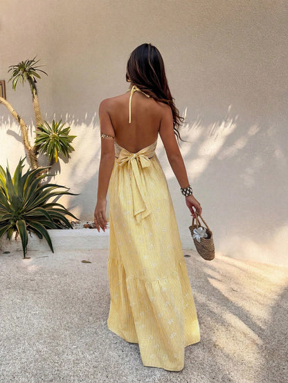 Pink Digital Print Fitted Waist Backless Tie Strap V-Neck Beach Vacation