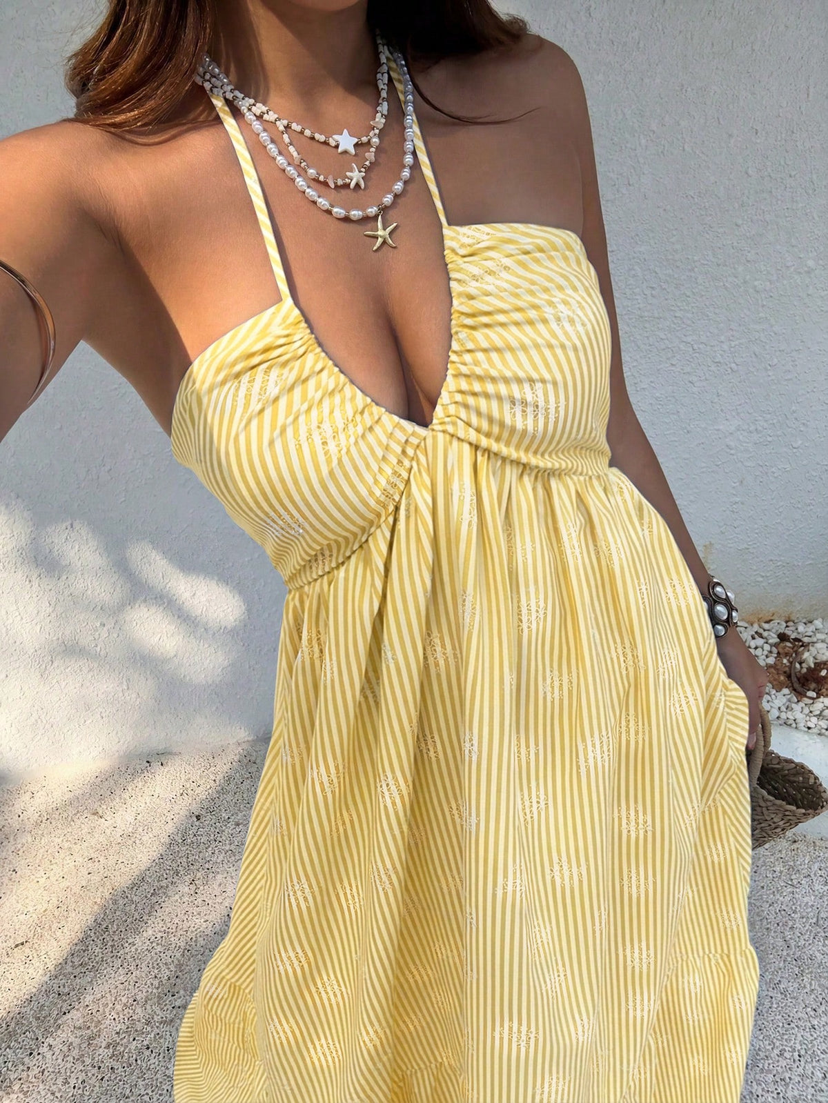 Pink Digital Print Fitted Waist Backless Tie Strap V-Neck Beach Vacation