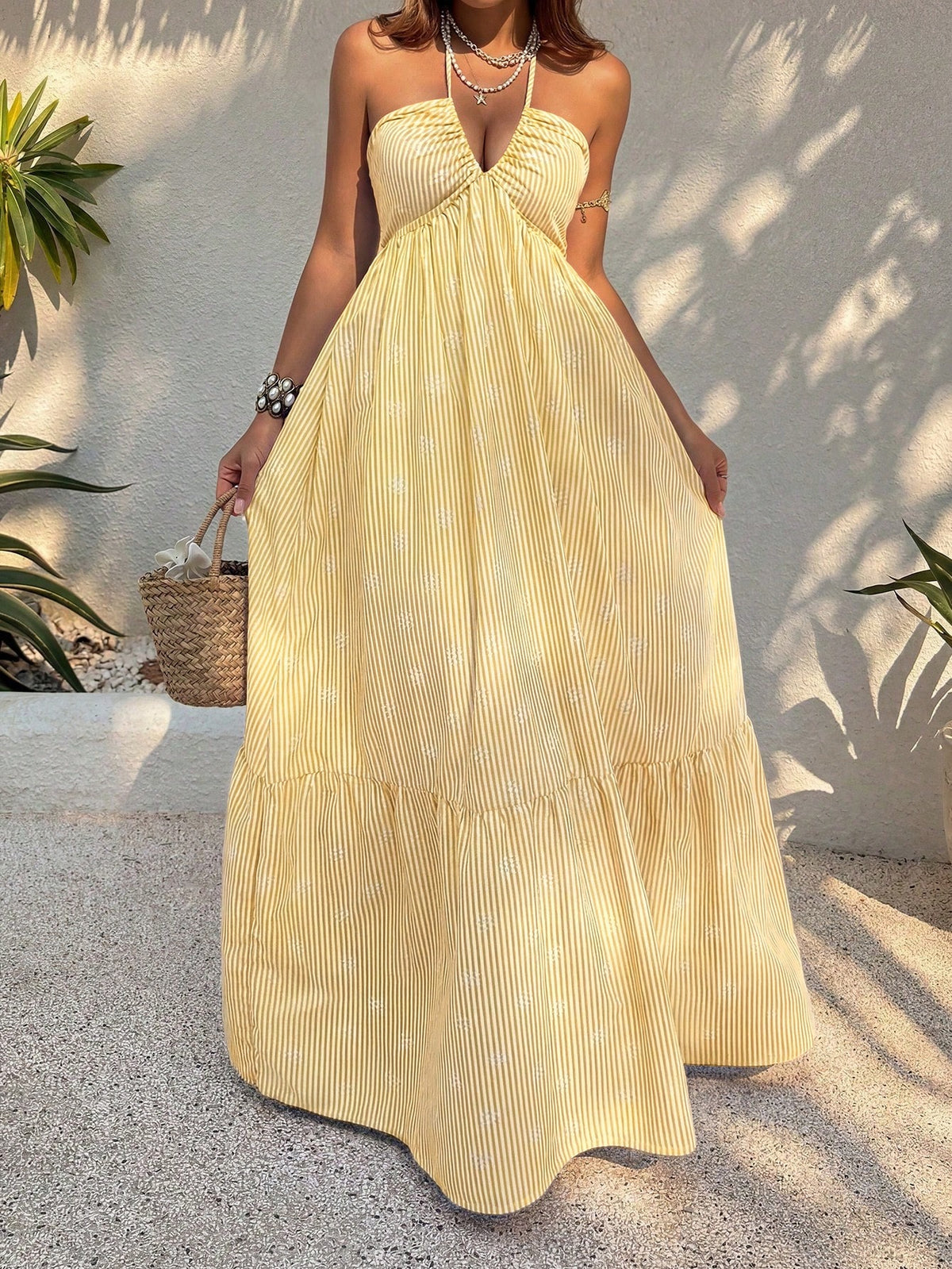 Pink Digital Print Fitted Waist Backless Tie Strap V-Neck Beach Vacation