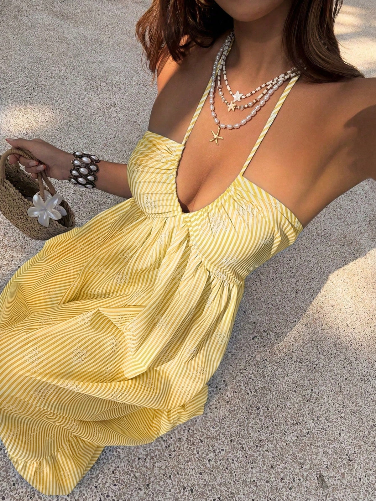 Pink Digital Print Fitted Waist Backless Tie Strap V-Neck Beach Vacation