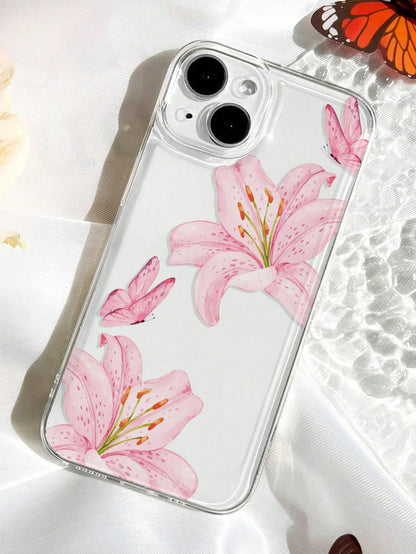 Pink Flower Elements Fashion 1pc Ins Style Flower Lily Butterfly Pattern Transparent Soft Phone Case Compatible With IPhone 11/12/13/14/15/16 Pro Max Spring