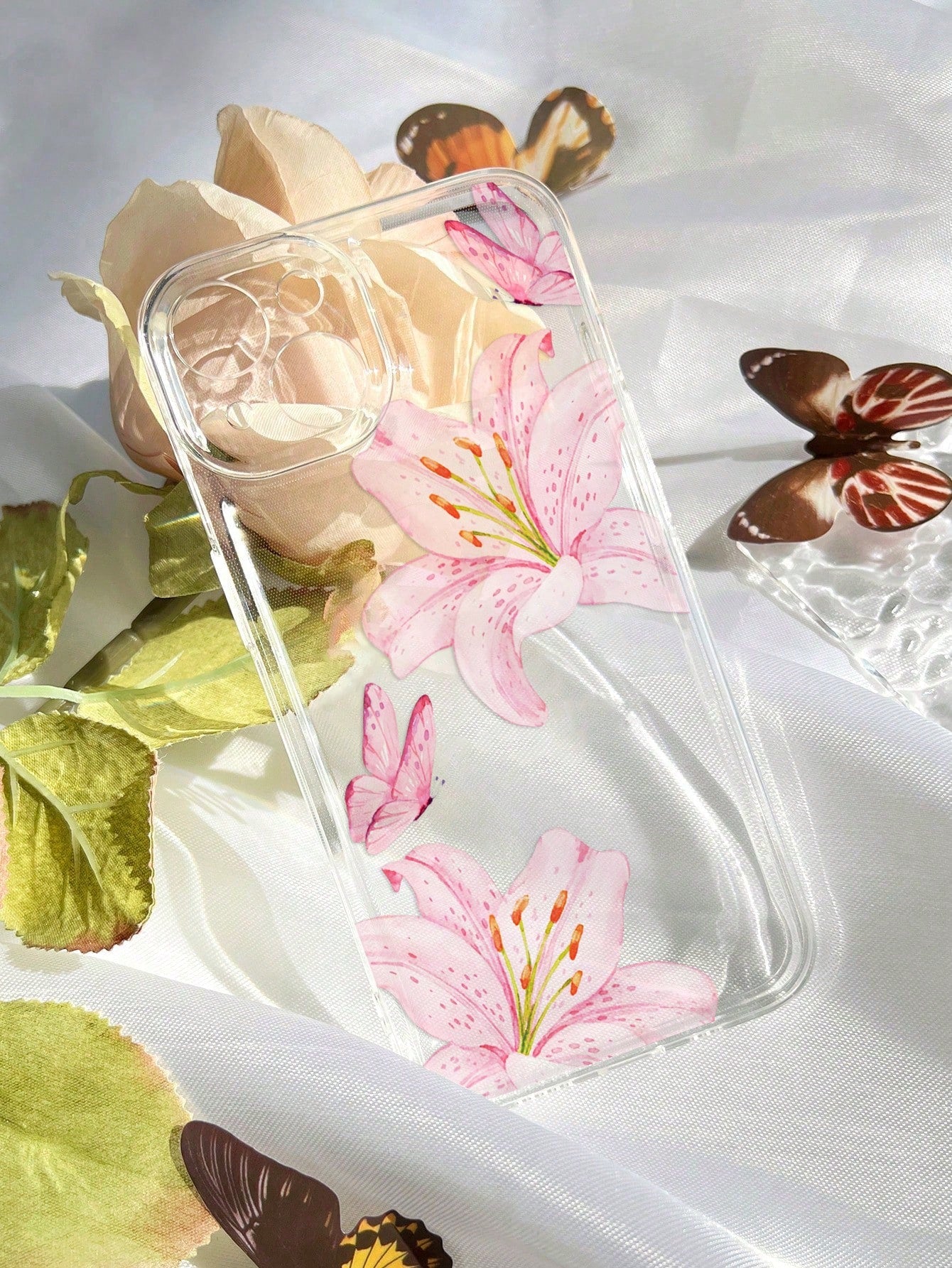 Pink Flower Elements Fashion 1pc Ins Style Flower Lily Butterfly Pattern Transparent Soft Phone Case Compatible With IPhone 11/12/13/14/15/16 Pro Max Spring