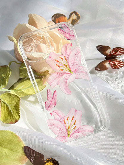 Pink Flower Elements Fashion 1pc Ins Style Flower Lily Butterfly Pattern Transparent Soft Phone Case Compatible With IPhone 11/12/13/14/15/16 Pro Max Spring