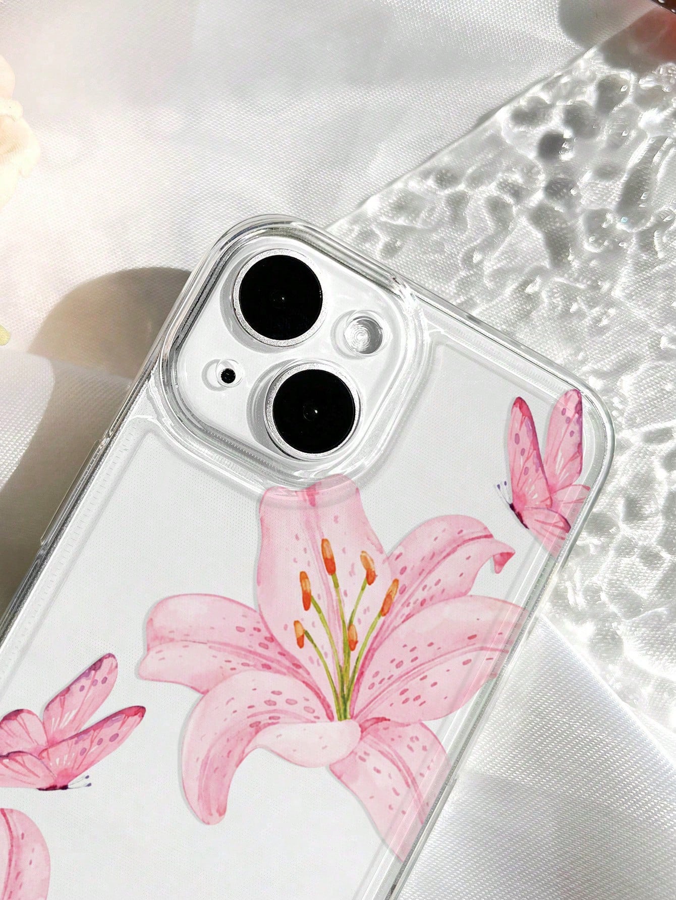 Pink Flower Elements Fashion 1pc Ins Style Flower Lily Butterfly Pattern Transparent Soft Phone Case Compatible With IPhone 11/12/13/14/15/16 Pro Max Spring