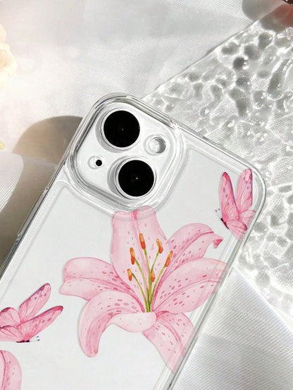 Pink Flower Elements Fashion 1pc Ins Style Flower Lily Butterfly Pattern Transparent Soft Phone Case Compatible With IPhone 11/12/13/14/15/16 Pro Max Spring