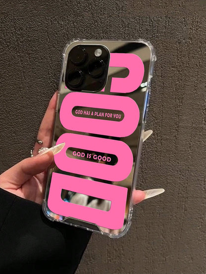 Pink "GOOD" Slogan Shockproof Mirror Acrylic Phone Case, Compatible With IPhone 13/11/17/17pro/16/14/15/15pro/15 Plus/15 Promax/13pro/14pro/12mini/13mini/11promax/12promax/13promax/14promax/14plus/17p