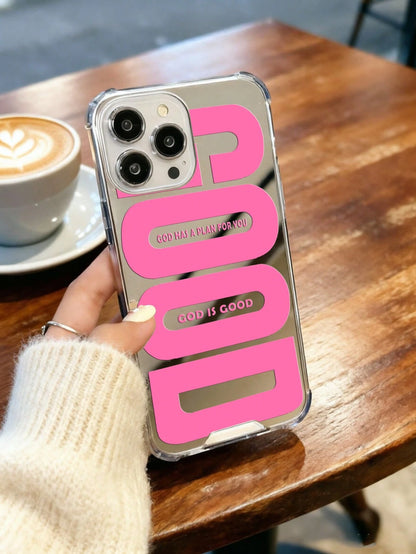 Pink "GOOD" Slogan Shockproof Mirror Acrylic Phone Case, Compatible With IPhone 13/11/17/17pro/16/14/15/15pro/15 Plus/15 Promax/13pro/14pro/12mini/13mini/11promax/12promax/13promax/14promax/14plus/17p