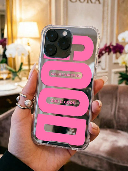 Pink "GOOD" Slogan Shockproof Mirror Acrylic Phone Case, Compatible With IPhone 13/11/17/17pro/16/14/15/15pro/15 Plus/15 Promax/13pro/14pro/12mini/13mini/11promax/12promax/13promax/14promax/14plus/17p
