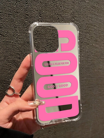 Pink "GOOD" Slogan Shockproof Mirror Acrylic Phone Case, Compatible With IPhone 13/11/17/17pro/16/14/15/15pro/15 Plus/15 Promax/13pro/14pro/12mini/13mini/11promax/12promax/13promax/14promax/14plus/17p