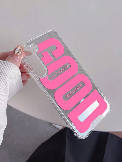 Pink "GOOD" Slogan Shockproof Mirror Acrylic Phone Case, Compatible With IPhone 13/11/17/17pro/16/14/15/15pro/15 Plus/15 Promax/13pro/14pro/12mini/13mini/11promax/12promax/13promax/14promax/14plus/17p