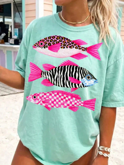 Pink Patterned Tropical Fish Island Reef Graphic Tee, Oversized Women Summer Cotton Crew Neck Beach Casual Top